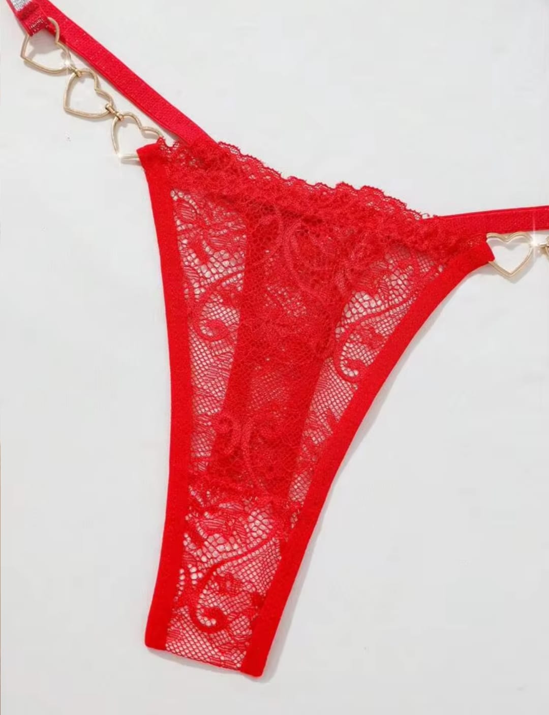 Women's Red Lace Lingerie Thong with Gold Heart Chain Sides